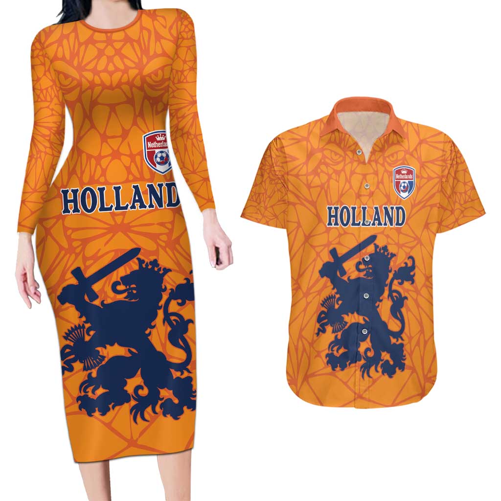 Custom Netherlands Football Couples Matching Long Sleeve Bodycon Dress and Hawaiian Shirt Holland Lion