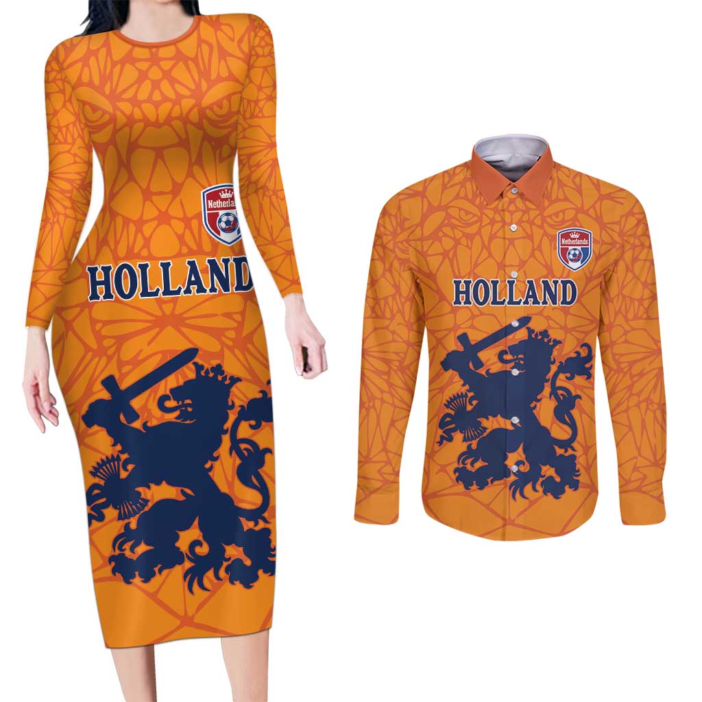Custom Netherlands Football Couples Matching Long Sleeve Bodycon Dress and Long Sleeve Button Shirt Holland Lion