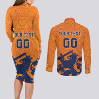 Custom Netherlands Football Couples Matching Long Sleeve Bodycon Dress and Long Sleeve Button Shirt Holland Lion