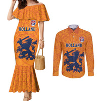 Custom Netherlands Football Couples Matching Mermaid Dress and Long Sleeve Button Shirt Holland Lion