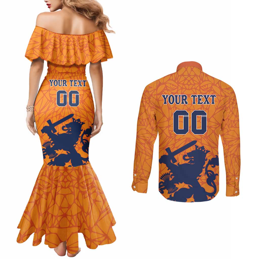 Custom Netherlands Football Couples Matching Mermaid Dress and Long Sleeve Button Shirt Holland Lion