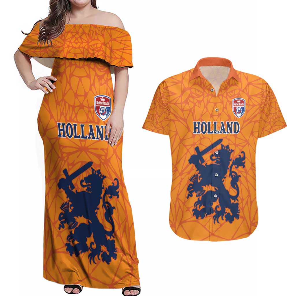 Custom Netherlands Football Couples Matching Off Shoulder Maxi Dress and Hawaiian Shirt Holland Lion