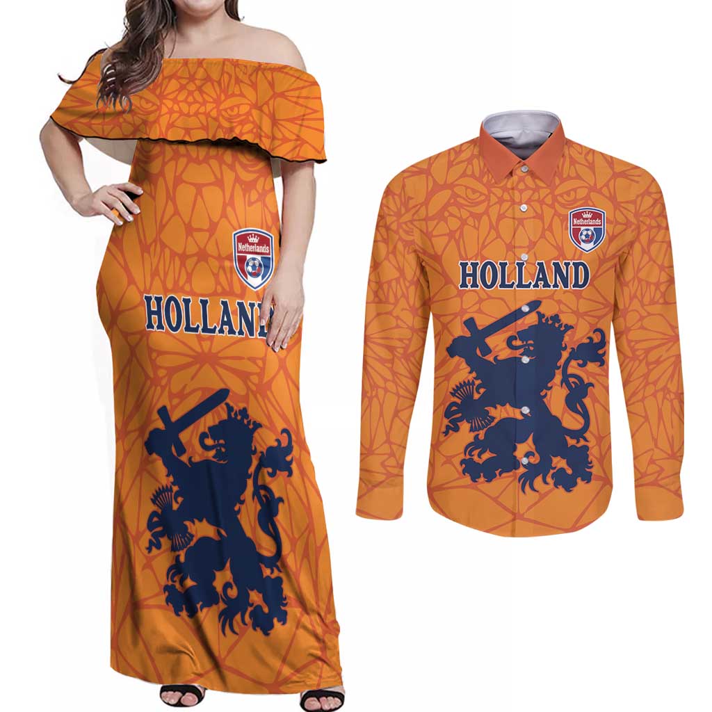 Custom Netherlands Football Couples Matching Off Shoulder Maxi Dress and Long Sleeve Button Shirt Holland Lion