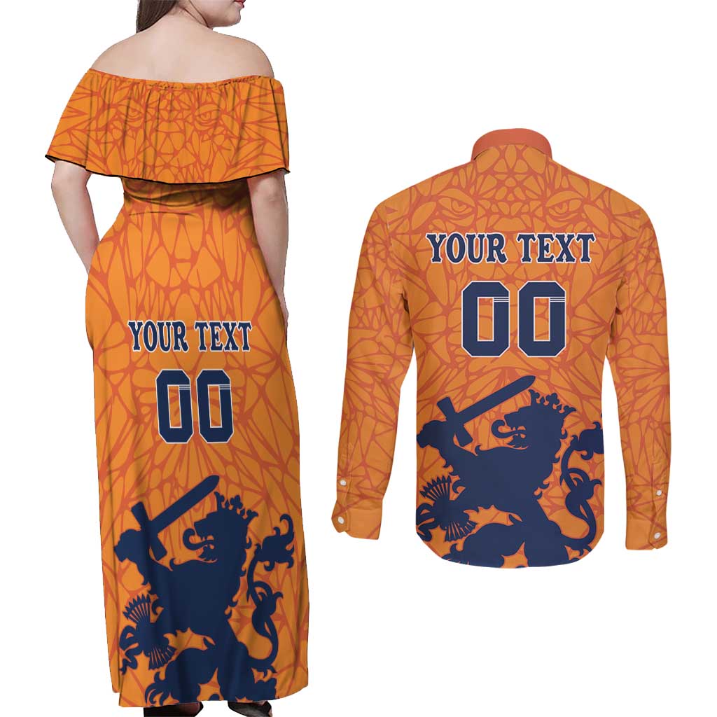 Custom Netherlands Football Couples Matching Off Shoulder Maxi Dress and Long Sleeve Button Shirt Holland Lion