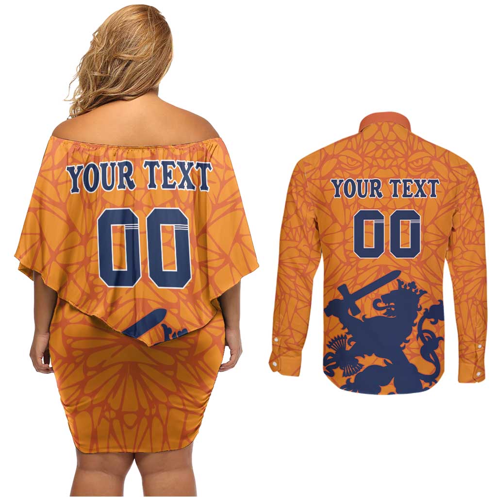 Custom Netherlands Football Couples Matching Off Shoulder Short Dress and Long Sleeve Button Shirt Holland Lion