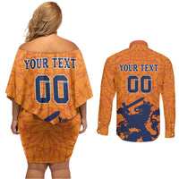Custom Netherlands Football Couples Matching Off Shoulder Short Dress and Long Sleeve Button Shirt Holland Lion