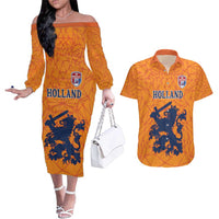 Custom Netherlands Football Couples Matching Off The Shoulder Long Sleeve Dress and Hawaiian Shirt Holland Lion