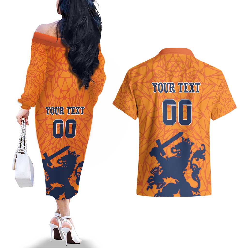Custom Netherlands Football Couples Matching Off The Shoulder Long Sleeve Dress and Hawaiian Shirt Holland Lion