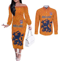 Custom Netherlands Football Couples Matching Off The Shoulder Long Sleeve Dress and Long Sleeve Button Shirt Holland Lion