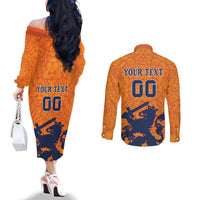 Custom Netherlands Football Couples Matching Off The Shoulder Long Sleeve Dress and Long Sleeve Button Shirt Holland Lion