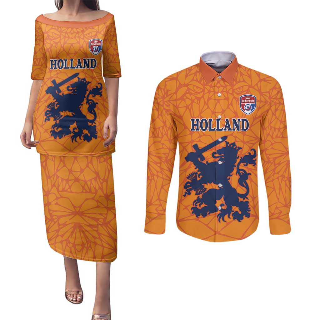 Custom Netherlands Football Couples Matching Puletasi and Long Sleeve Button Shirt Holland Lion