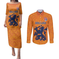 Custom Netherlands Football Couples Matching Puletasi and Long Sleeve Button Shirt Holland Lion