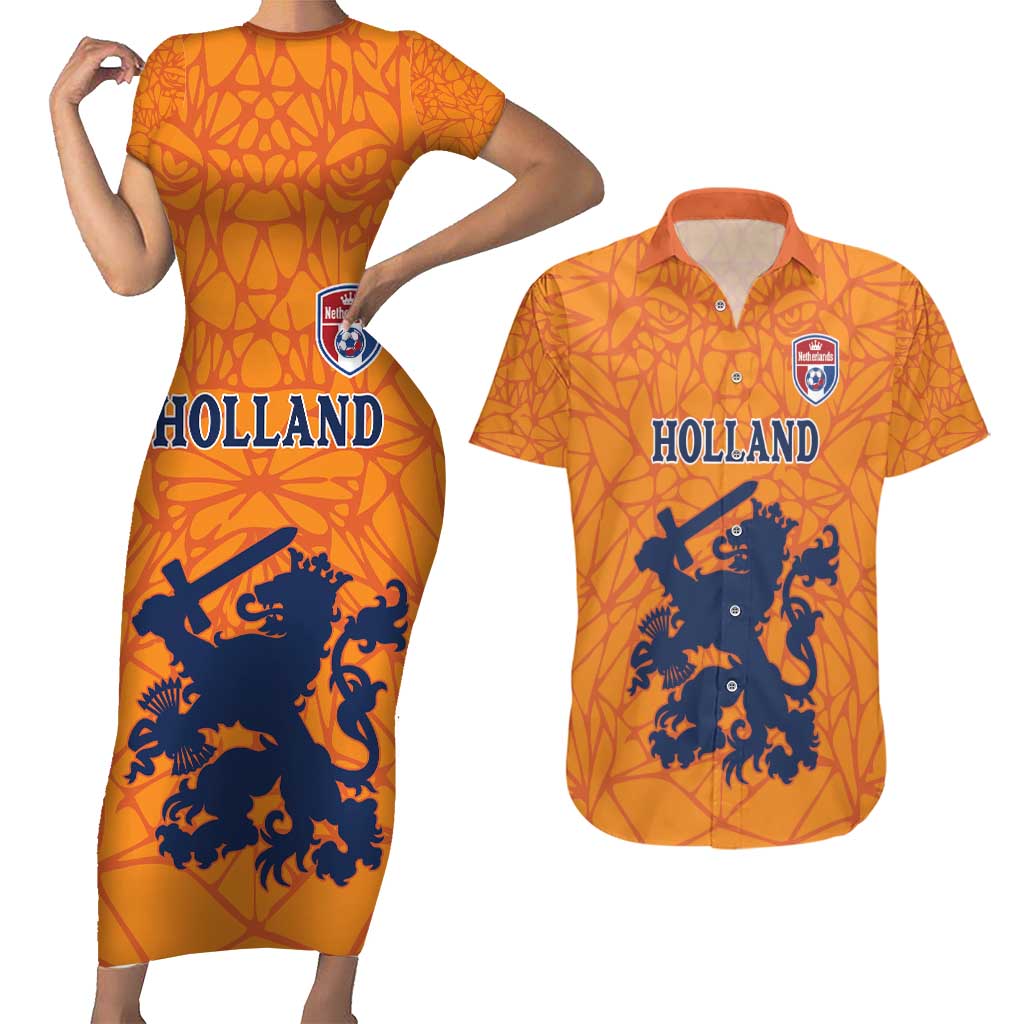Custom Netherlands Football Couples Matching Short Sleeve Bodycon Dress and Hawaiian Shirt Holland Lion