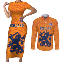 Custom Netherlands Football Couples Matching Short Sleeve Bodycon Dress and Long Sleeve Button Shirt Holland Lion