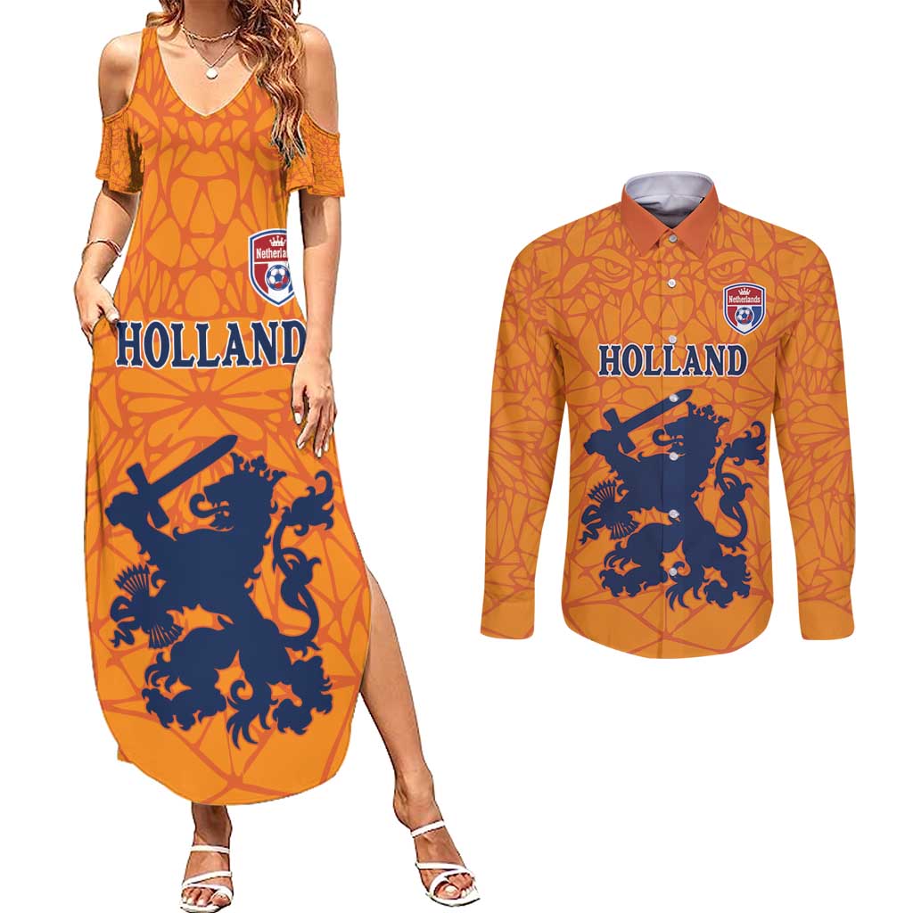 Custom Netherlands Football Couples Matching Summer Maxi Dress and Long Sleeve Button Shirt Holland Lion