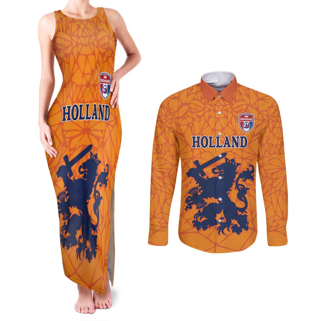 Custom Netherlands Football Couples Matching Tank Maxi Dress and Long Sleeve Button Shirt Holland Lion