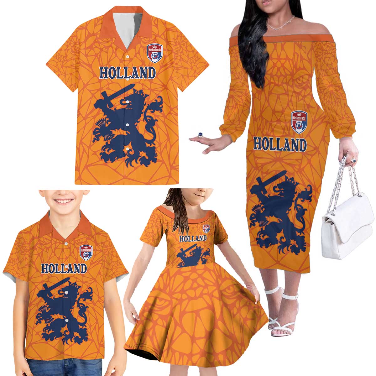 Custom Netherlands Football Family Matching Off The Shoulder Long Sleeve Dress and Hawaiian Shirt Holland Lion