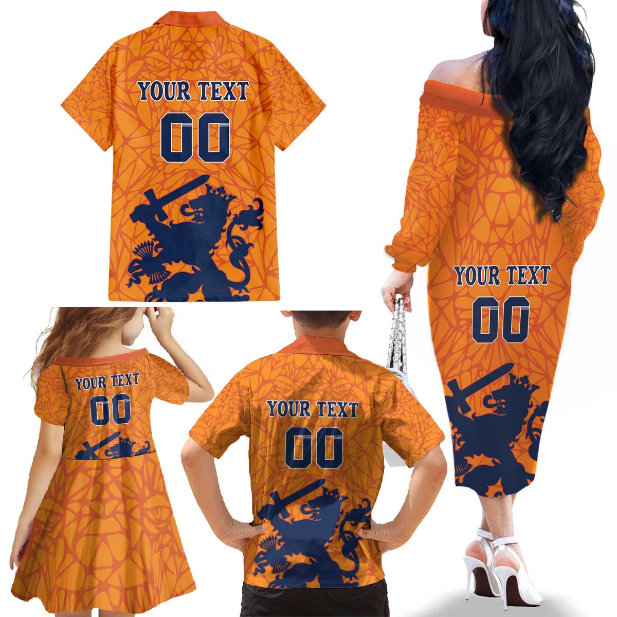 Custom Netherlands Football Family Matching Off The Shoulder Long Sleeve Dress and Hawaiian Shirt Holland Lion