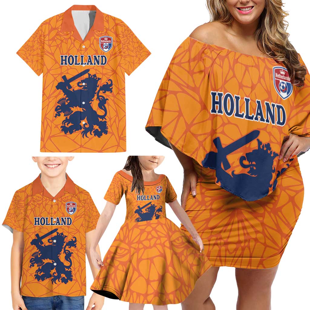 Custom Netherlands Football Family Matching Off Shoulder Short Dress and Hawaiian Shirt Holland Lion