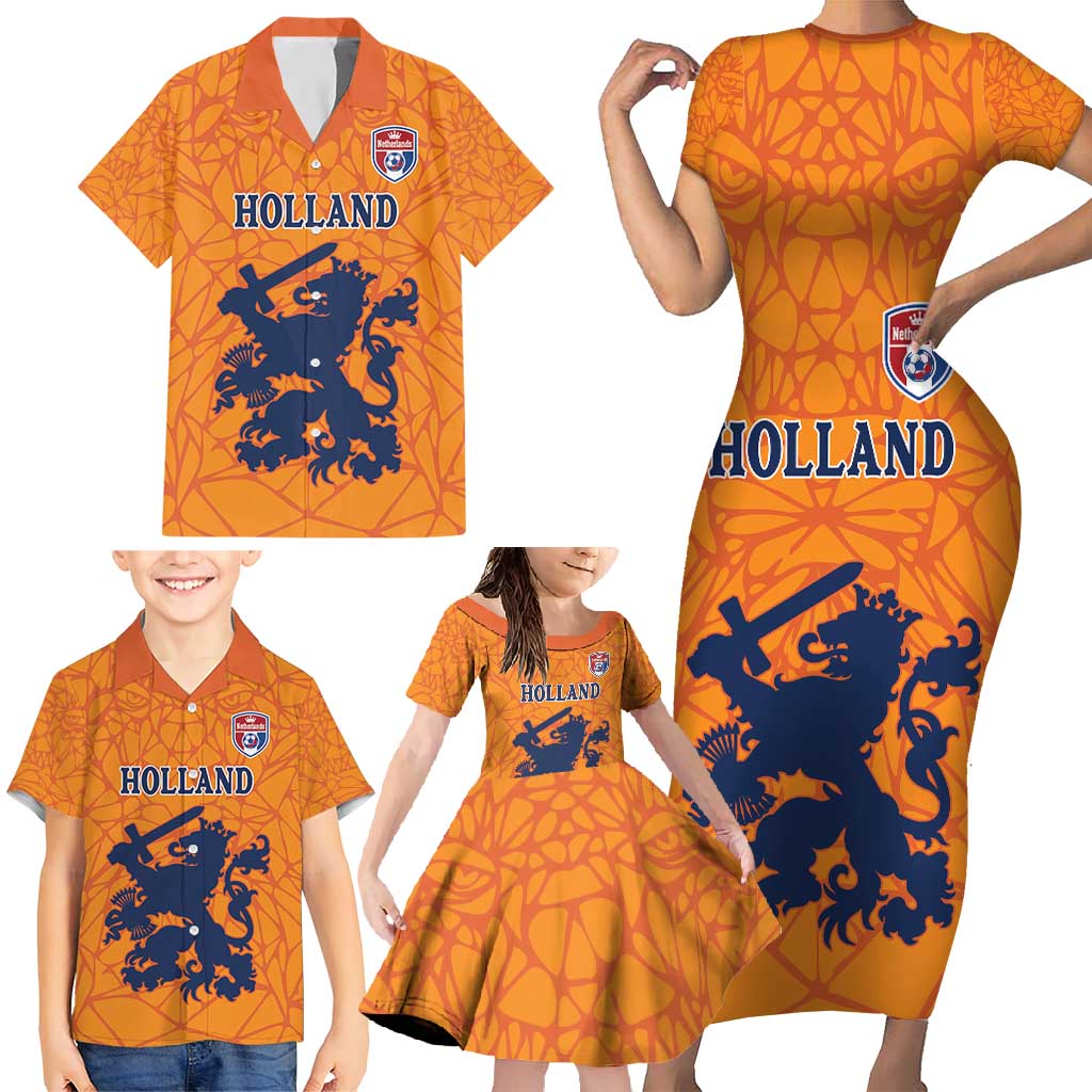 Custom Netherlands Football Family Matching Short Sleeve Bodycon Dress and Hawaiian Shirt Holland Lion