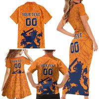 Custom Netherlands Football Family Matching Short Sleeve Bodycon Dress and Hawaiian Shirt Holland Lion