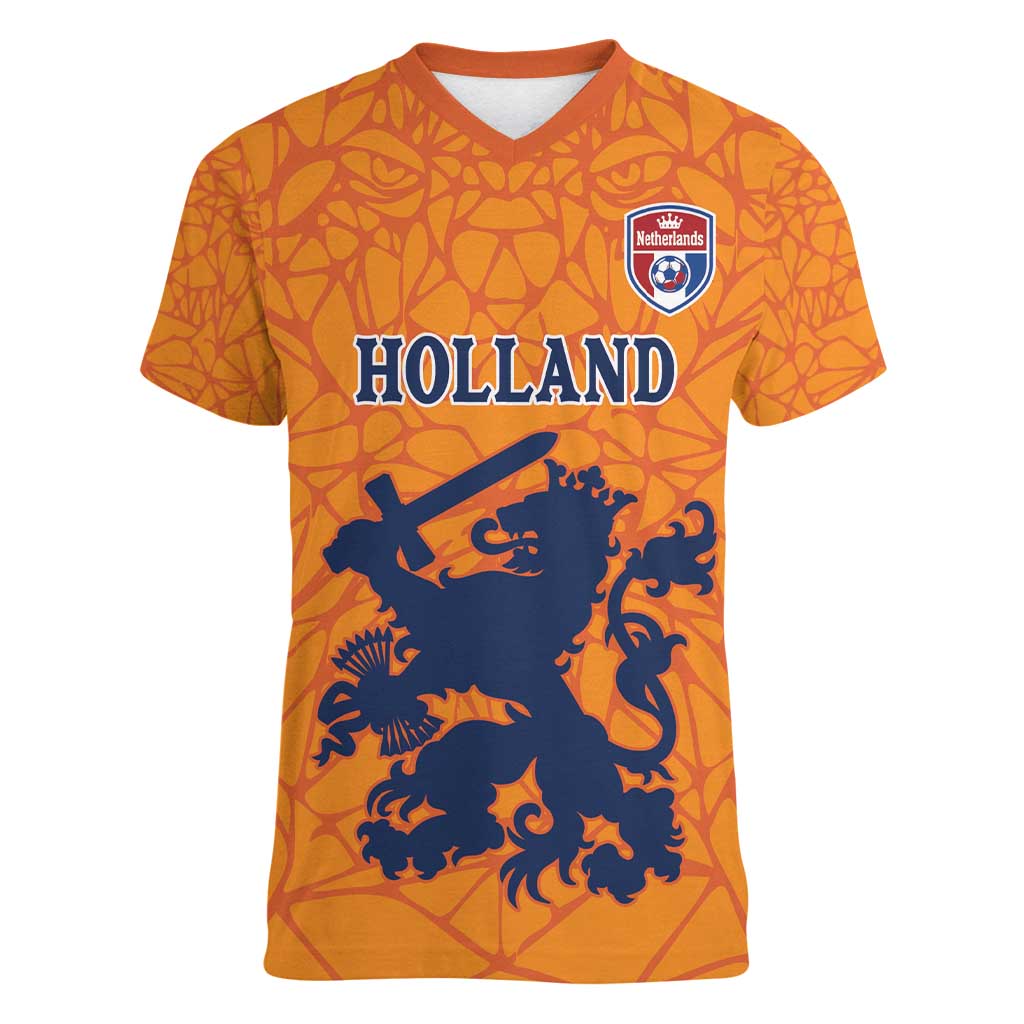 Custom Netherlands Football Women V-Neck T-Shirt Holland Lion