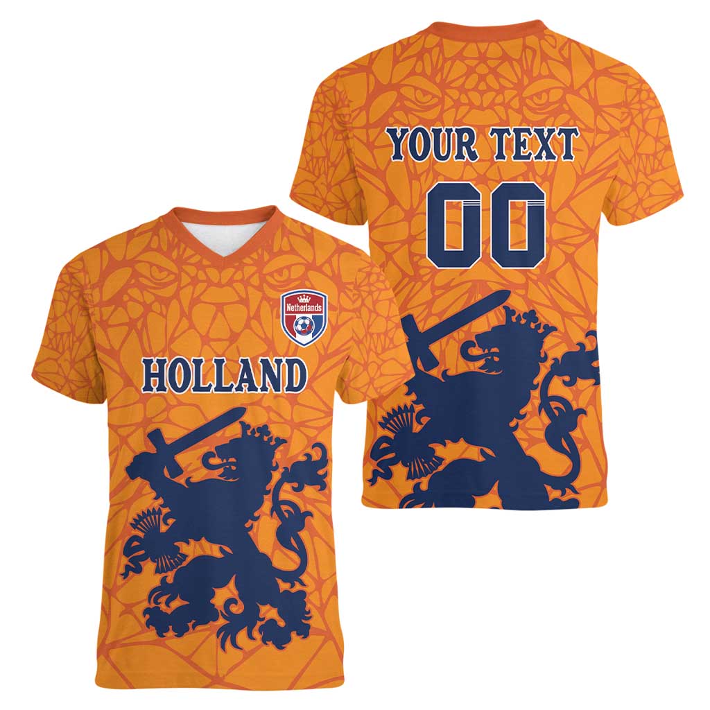 Custom Netherlands Football Women V-Neck T-Shirt Holland Lion