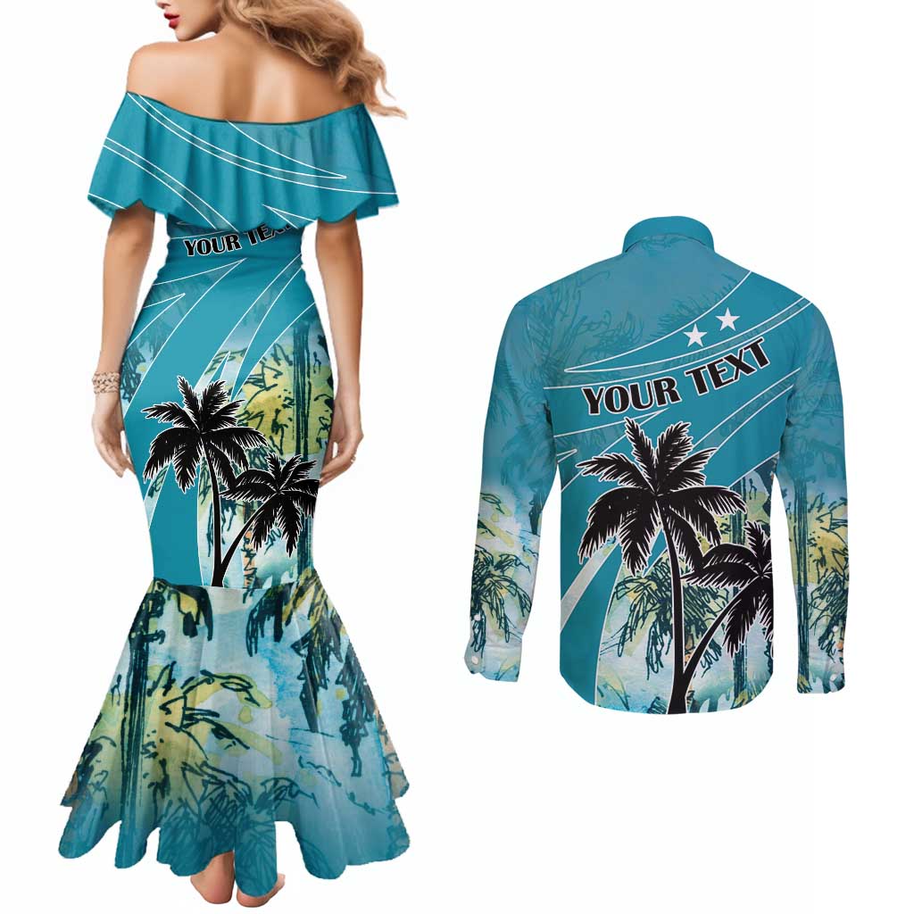 Personalized Saint Kitts and Nevis Coconut Palm Tree Couples Matching Mermaid Dress and Long Sleeve Button Shirt
