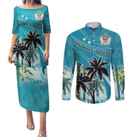 Personalized Saint Kitts and Nevis Coconut Palm Tree Couples Matching Puletasi and Long Sleeve Button Shirt - Wonder Print Shop
