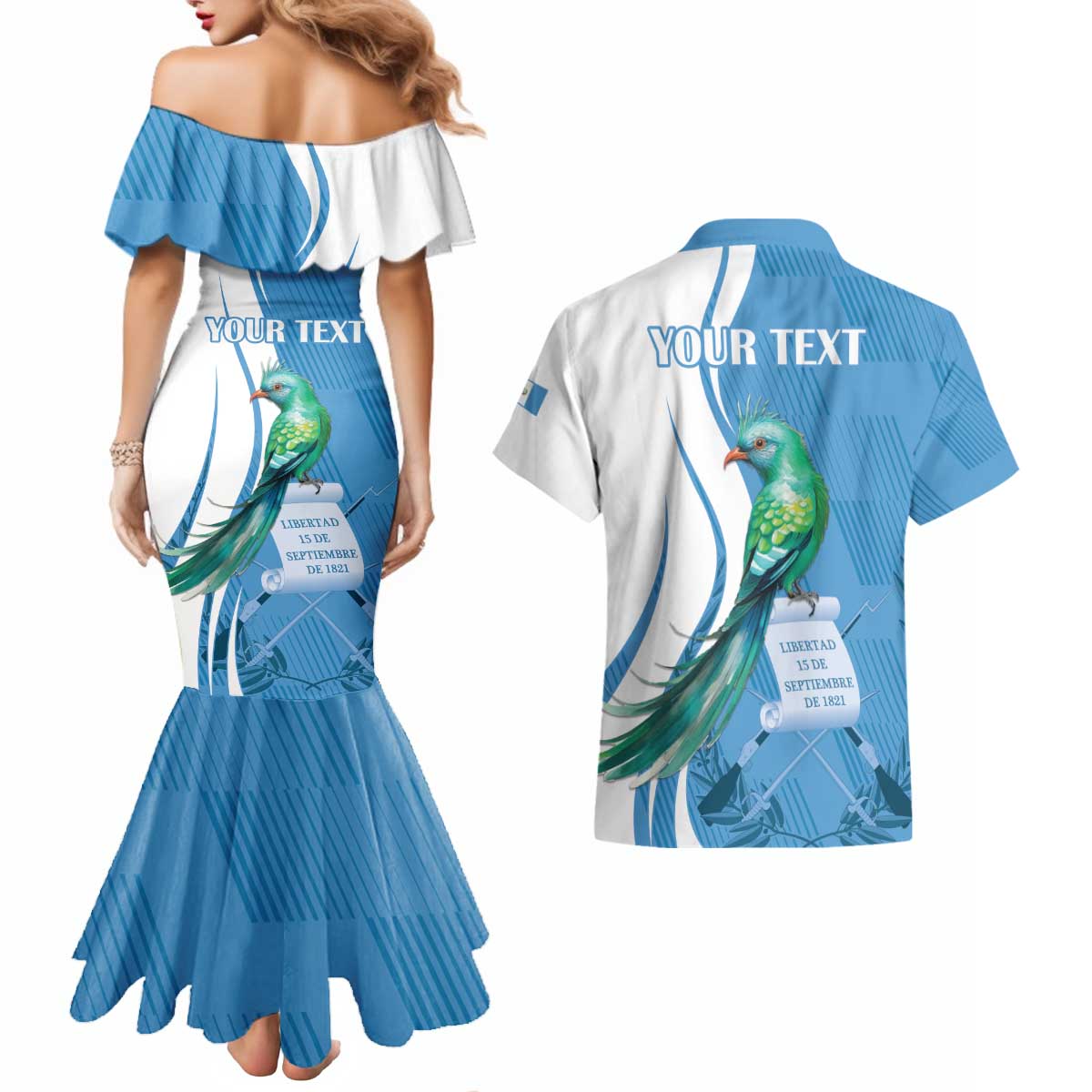 Personalized Guatemala Independence Day Couples Matching Mermaid Dress and Hawaiian Shirt Since 1821 With Quetzal Bird - Wonder Print Shop