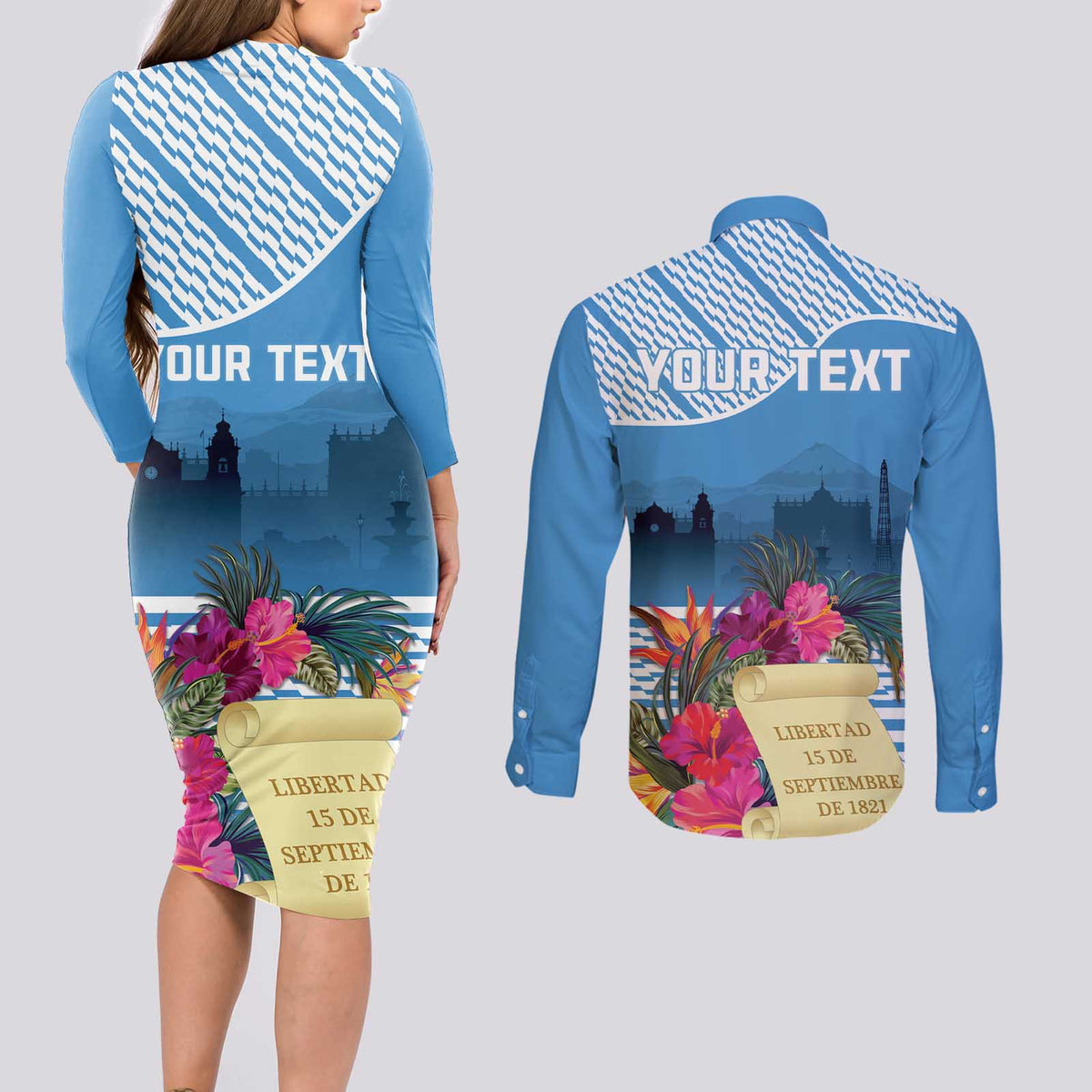 Personalized Guatemala Independence Day Couples Matching Long Sleeve Bodycon Dress and Long Sleeve Button Shirt With Tropical Flower - Wonder Print Shop