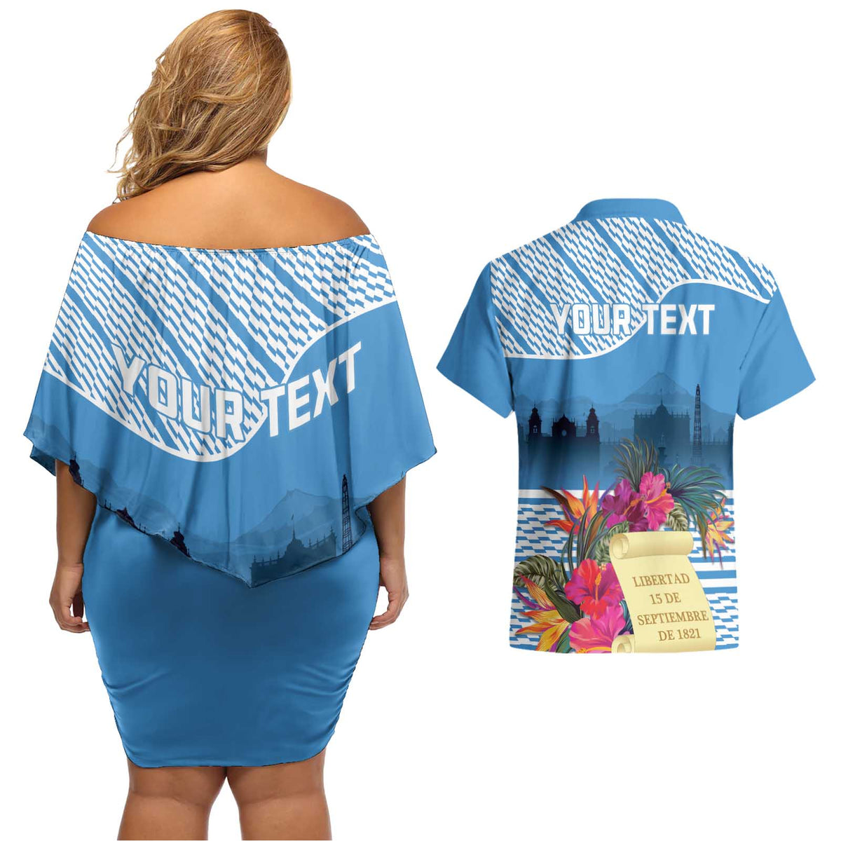 Personalized Guatemala Independence Day Couples Matching Off Shoulder Short Dress and Hawaiian Shirt With Tropical Flower - Wonder Print Shop