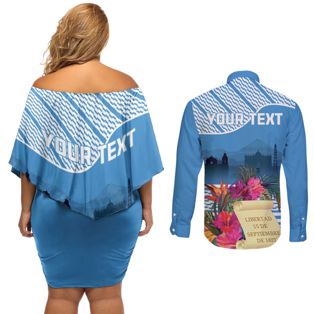 Personalized Guatemala Independence Day Couples Matching Off Shoulder Short Dress and Long Sleeve Button Shirt With Tropical Flower - Wonder Print Shop