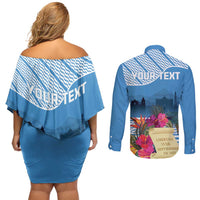 Personalized Guatemala Independence Day Couples Matching Off Shoulder Short Dress and Long Sleeve Button Shirt With Tropical Flower - Wonder Print Shop