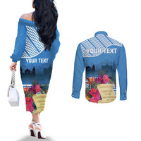 Personalized Guatemala Independence Day Couples Matching Off The Shoulder Long Sleeve Dress and Long Sleeve Button Shirt With Tropical Flower