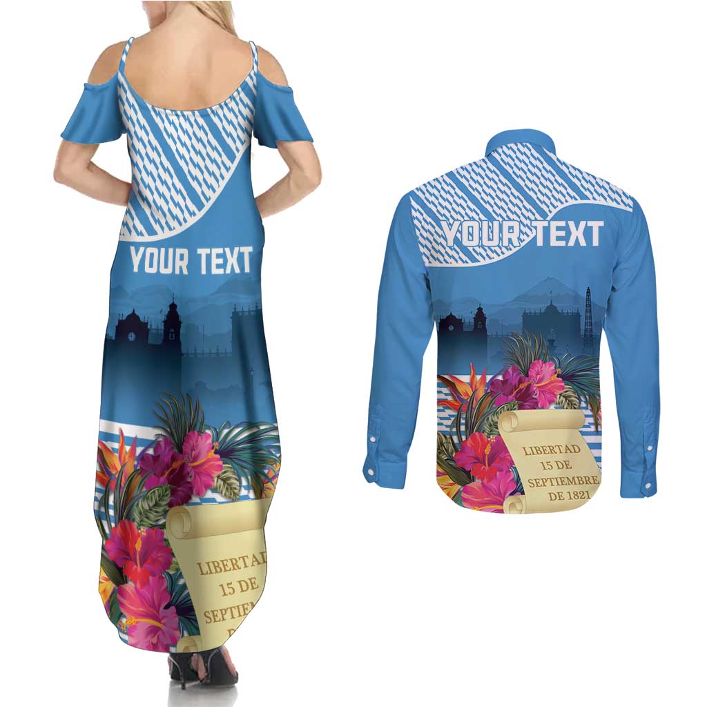 Personalized Guatemala Independence Day Couples Matching Summer Maxi Dress and Long Sleeve Button Shirt With Tropical Flower - Wonder Print Shop