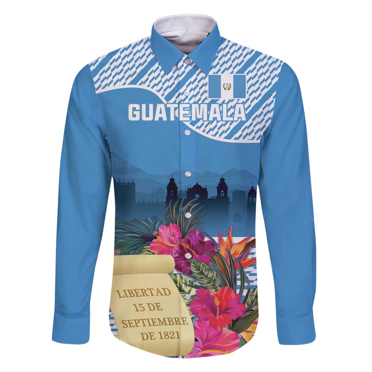 Personalized Guatemala Independence Day Family Matching Off The Shoulder Long Sleeve Dress and Hawaiian Shirt With Tropical Flower - Wonder Print Shop