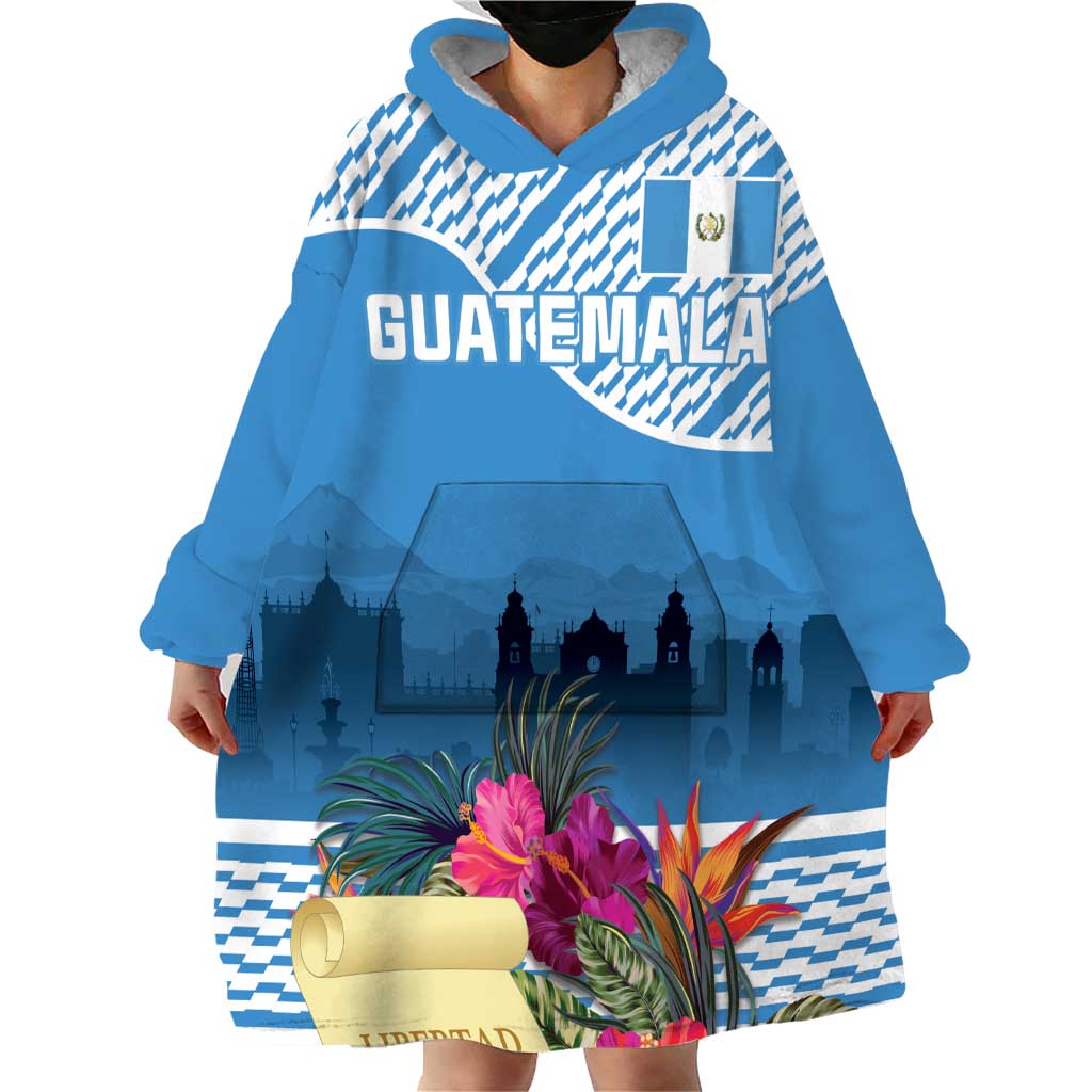 Personalized Guatemala Independence Day Wearable Blanket Hoodie With Tropical Flower - Wonder Print Shop
