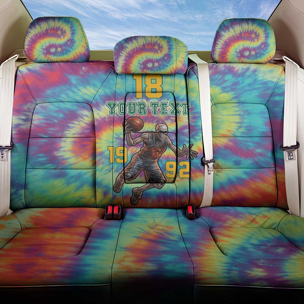 Custom Lithuania Basketball Skeleton 1992 Back Car Seat Cover Tie Dye Pattern - Wonder Print Shop