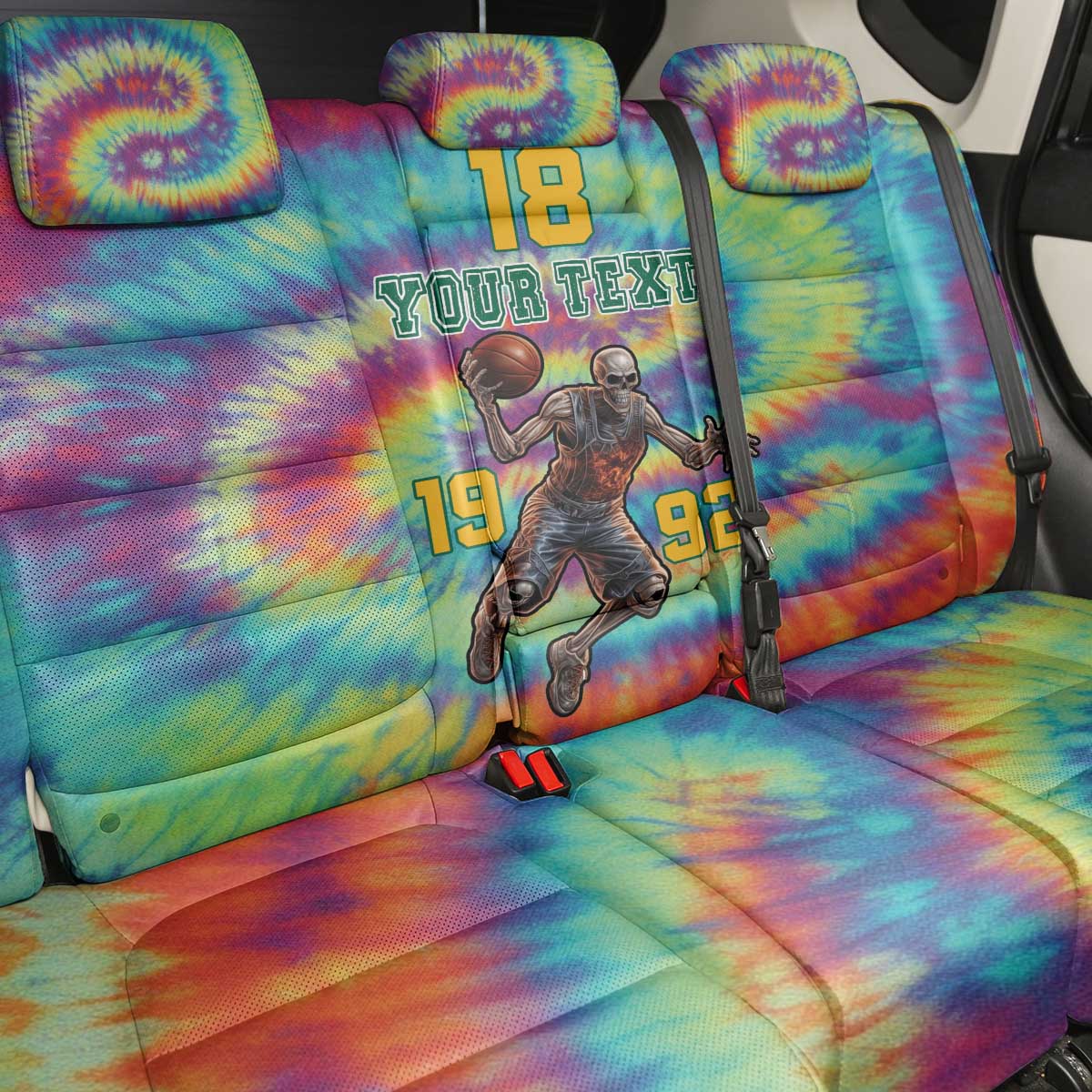 Custom Lithuania Basketball Skeleton 1992 Back Car Seat Cover Tie Dye Pattern - Wonder Print Shop