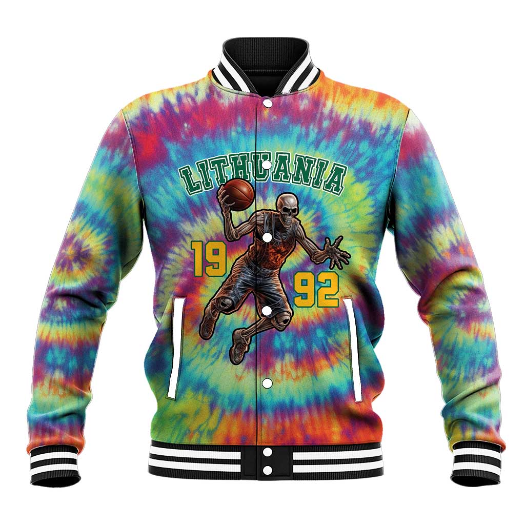 Custom Lithuania Basketball Skeleton 1992 Baseball Jacket Tie Dye Pattern - Wonder Print Shop