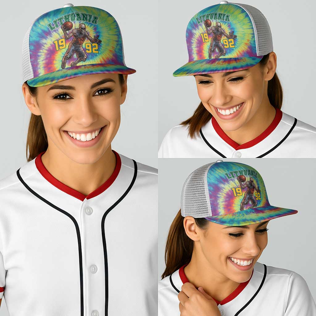 Lithuania Basketball Skeleton 1992 Baseball Net Cap Tie Dye Pattern - Wonder Print Shop