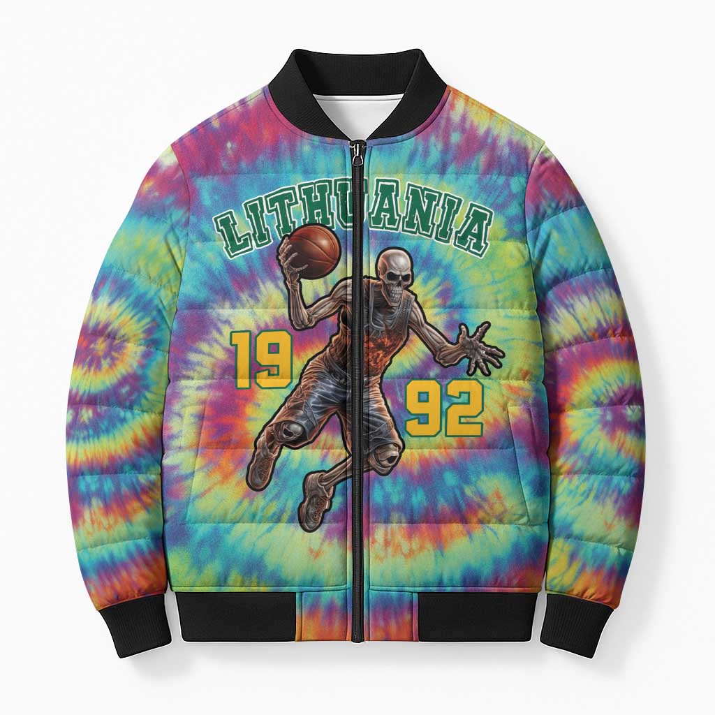 Custom Lithuania Basketball Skeleton 1992 Bomber Puffer Jacket Tie Dye Pattern - Wonder Print Shop