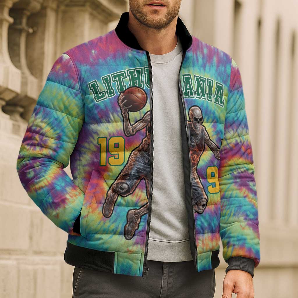 Custom Lithuania Basketball Skeleton 1992 Bomber Puffer Jacket Tie Dye Pattern - Wonder Print Shop