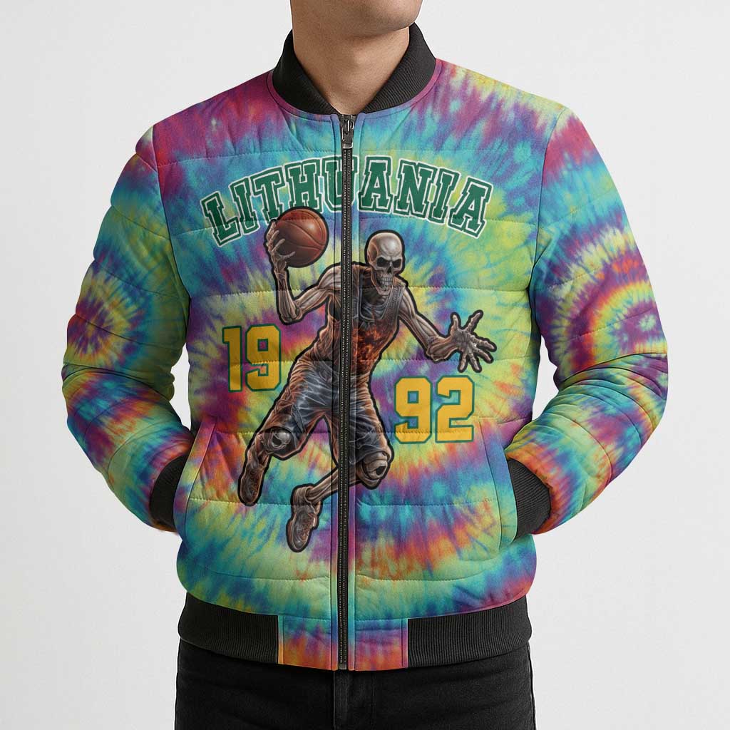 Custom Lithuania Basketball Skeleton 1992 Bomber Puffer Jacket Tie Dye Pattern - Wonder Print Shop
