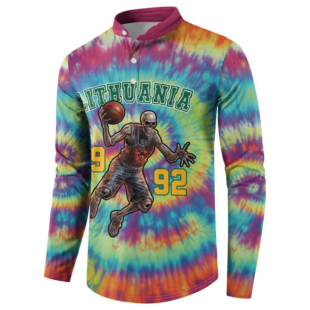 Custom Lithuania Basketball Skeleton 1992 Button Sweatshirt Tie Dye Pattern - Wonder Print Shop