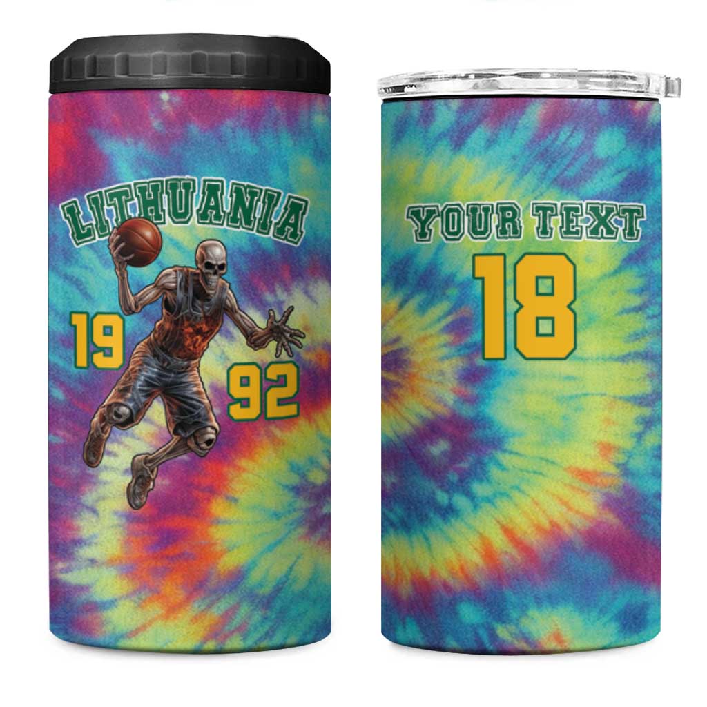 Custom Lithuania Basketball Skeleton 1992 4 in 1 Can Cooler Tumbler Tie Dye Pattern - Wonder Print Shop