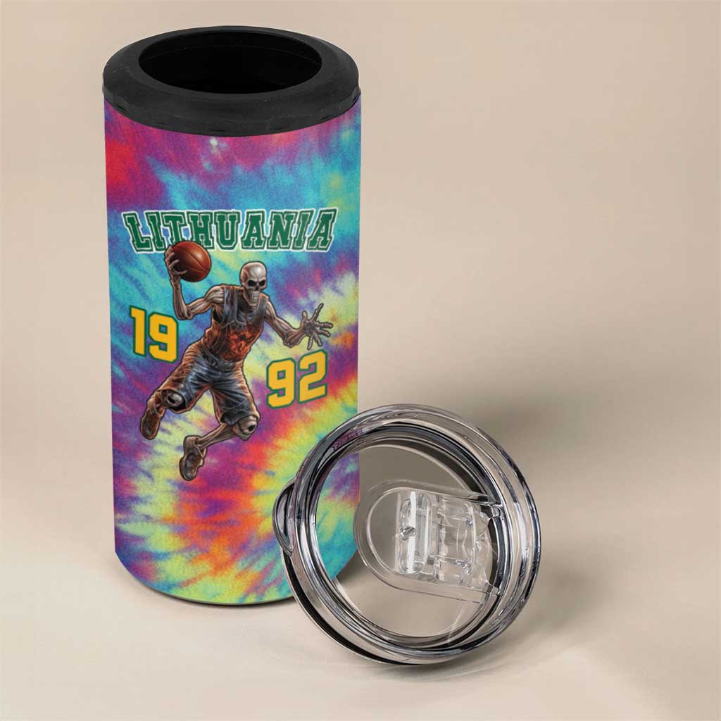 Custom Lithuania Basketball Skeleton 1992 4 in 1 Can Cooler Tumbler Tie Dye Pattern - Wonder Print Shop