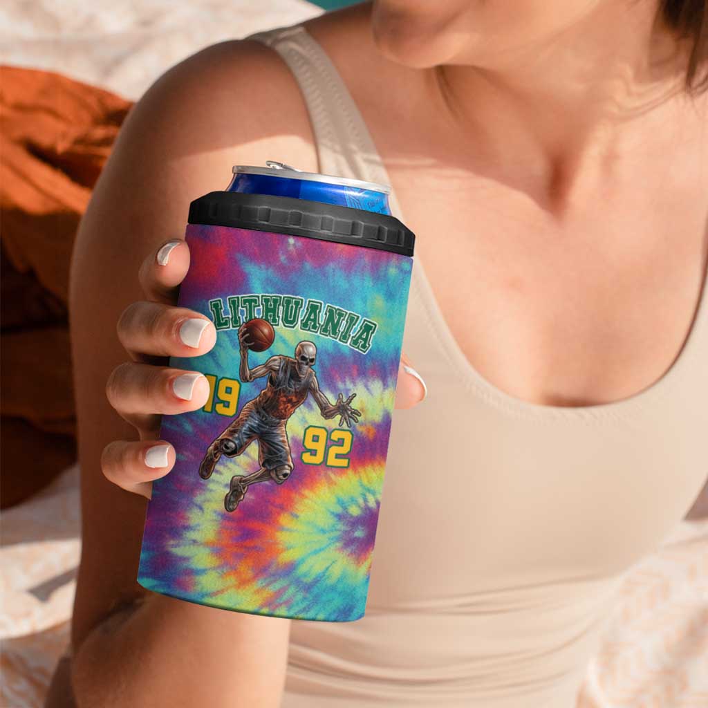 Custom Lithuania Basketball Skeleton 1992 4 in 1 Can Cooler Tumbler Tie Dye Pattern - Wonder Print Shop
