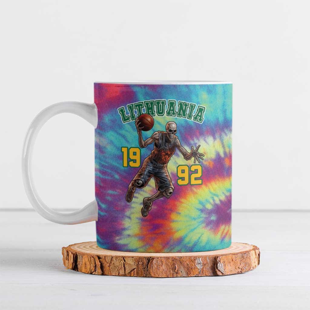 Custom Lithuania Basketball Skeleton 1992 Ceramic Mug Tie Dye Pattern - Wonder Print Shop